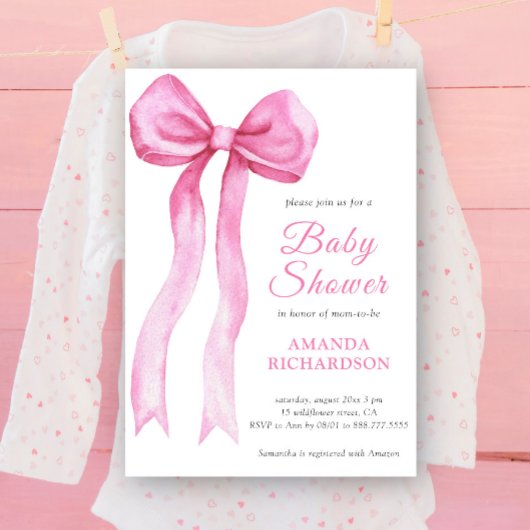 Roze Waterverf Bow Meisje Baby shower Kaart