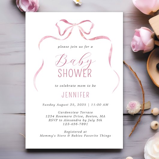 Roze Waterverf Bow Meisje Baby shower Kaart