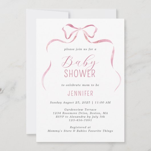 Roze Waterverf Bow Meisje Baby shower Kaart (Voorkant)