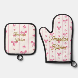 Roze Waterverf Bow Stripes Coquette Esthetisch Ovenwant & Pannenlap Set