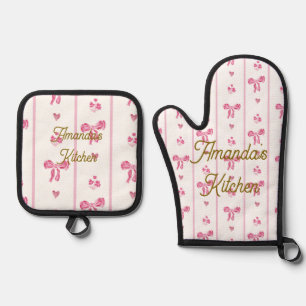 Roze Waterverf Bow Stripes Coquette Esthetisch Ovenwant & Pannenlap Set