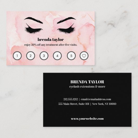 Roze Waterverf Browbar Eyelash Custom Loyalty Visitekaartje (Voorkant / Achterkant)