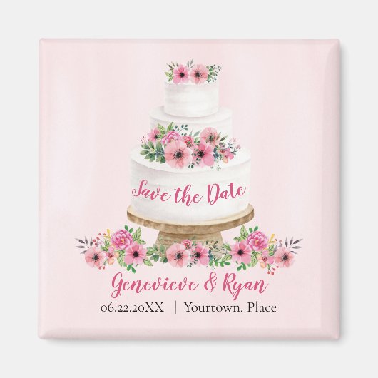 Roze Waterverf bruiloft Cake Save the Date Magneet (Voorkant)