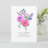 Roze waterverf bruiloft met bloemen bedankkaart (Staand voorkant)