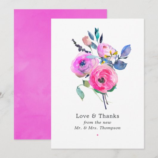 Roze waterverf bruiloft met bloemen bedankkaart (Voorkant / Achterkant)