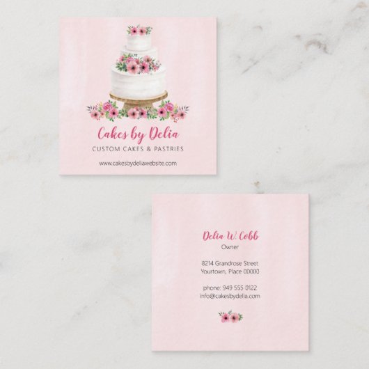 Roze Waterverf bruiloft Vierkante Visitekaartje (Voorkant / Achterkant)