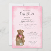 Roze Waterverf Bruin Beer Baby shower per post Kaart (Voorkant)