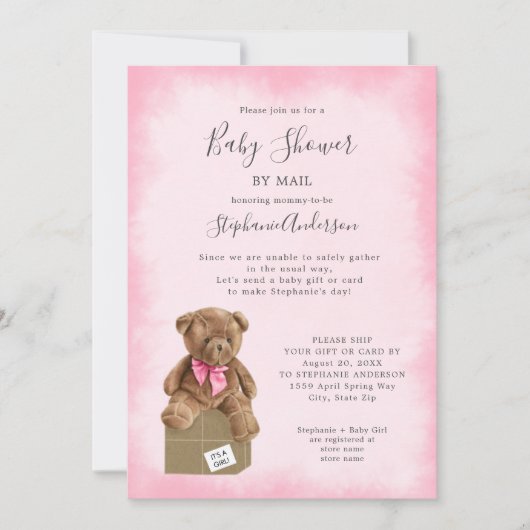 Roze Waterverf Bruin Beer Baby shower per post Kaart (Voorkant)