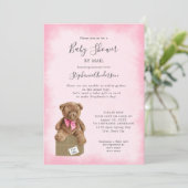 Roze Waterverf Bruin Beer Baby shower per post Kaart (Staand voorkant)