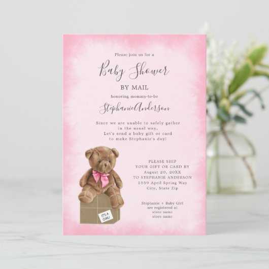 Roze Waterverf Bruin Beer Baby shower per post Kaart (Staand voorkant)