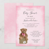 Roze Waterverf Bruin Beer Baby shower per post Kaart (Voorkant / Achterkant)