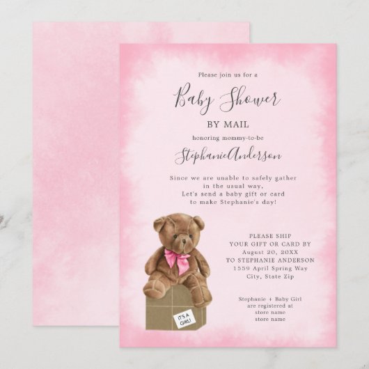 Roze Waterverf Bruin Beer Baby shower per post Kaart (Voorkant / Achterkant)