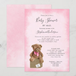 Roze Waterverf Bruin Beer Baby shower per post Kaart