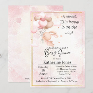 Roze Waterverf Bunny Rabbit ballonnen Baby shower Kaart