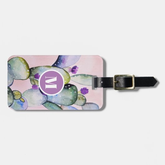 Roze Waterverf Cactus & Flowers | Monogram Bagagelabel (Voorkant horizontaal)