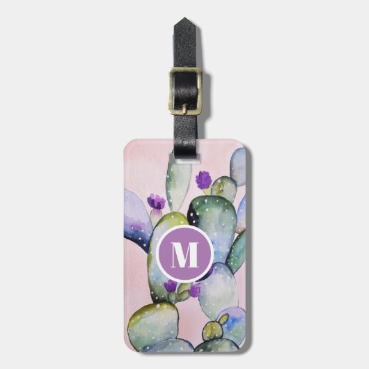 Roze Waterverf Cactus & Flowers | Monogram Bagagelabel (Voorkant verticaal)