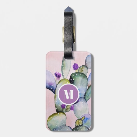 Roze Waterverf Cactus & Flowers | Monogram Bagagelabel (Achterkant verticaal)
