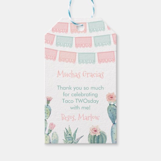Roze Waterverf Cactus Mexicaans Fiesta Party Favor Cadeaulabel (Voorkant)