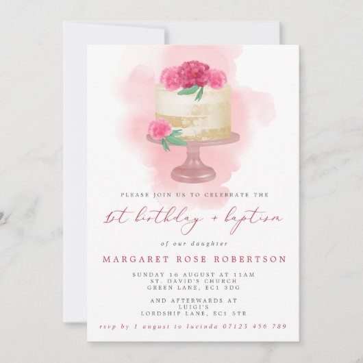 Roze Waterverf Cake Girl's 1e verjaardag & Baptism Kaart (Voorkant)