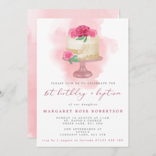 Roze Waterverf Cake Girl's 1e verjaardag & Baptism Kaart (Voorkant / Achterkant)