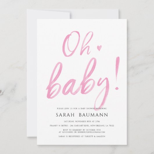 Roze Waterverf Calligrafie Baby shower Uitnodiging (Voorkant)