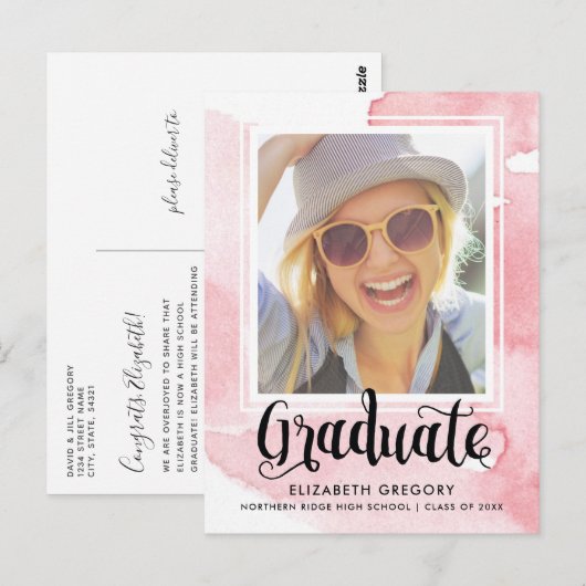 Roze Waterverf Calligrafie Foto Afstuderen Briefkaart (Voorkant / Achterkant)