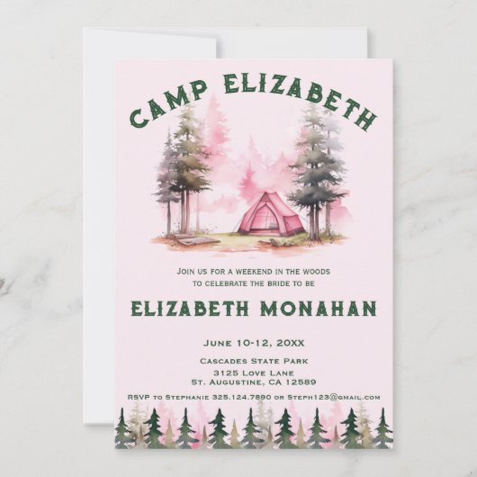 Roze Waterverf Camping Bachelorette weekend Kaart (Voorkant)