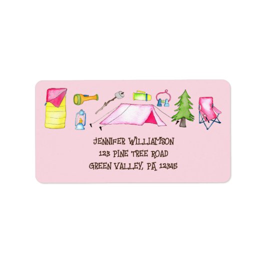  Roze Waterverf Camping Collage Adres Etiket (Voorkant)