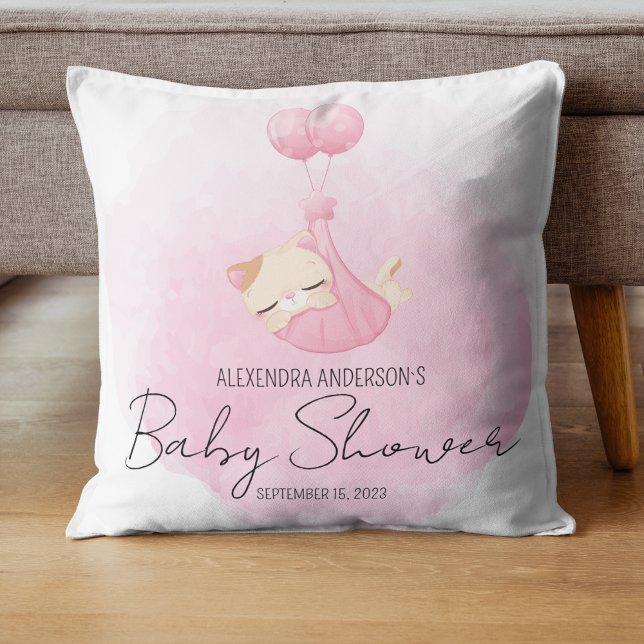 Roze waterverf cat keepsake voor baby meisje Showe Kussen (Creator heeft geüpload)