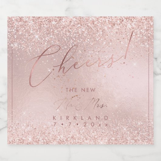 Roze Waterverf Cheers Faux Roos Gouden Glitter Sparkling Wijnetiket (Enkel label)