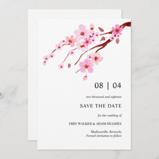 Roze Waterverf Cherry Blossom Save The Date (Voorkant / Achterkant)