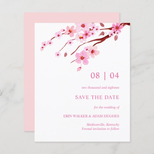 Roze Waterverf Cherry Blossom sparen de datum (Voorkant / Achterkant)