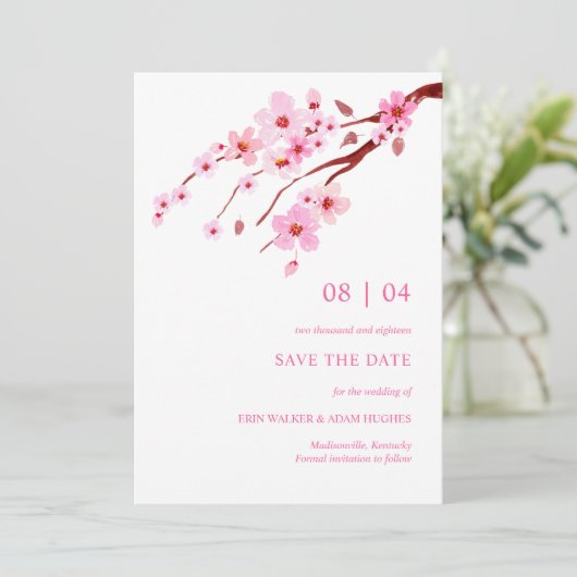 Roze Waterverf Cherry Blossom sparen de datum Save The Date (Staand voorkant)
