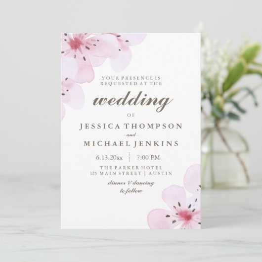 Roze Waterverf Cherry Blossom Weddenschap Kaart (Staand voorkant)