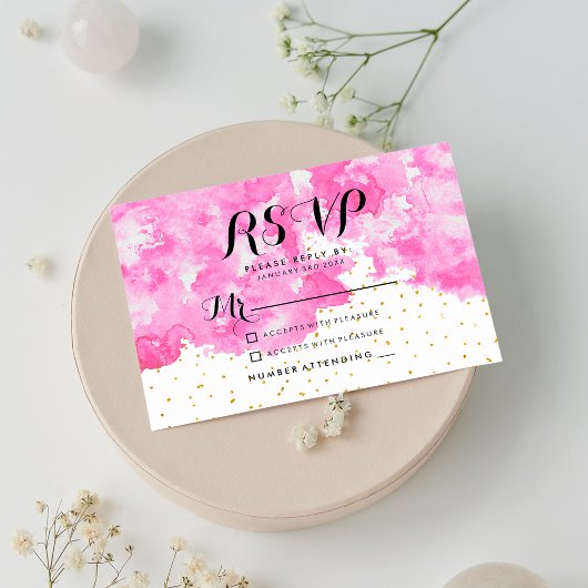 Roze waterverf chique elegante gouden confetti RSV RSVP Kaartje