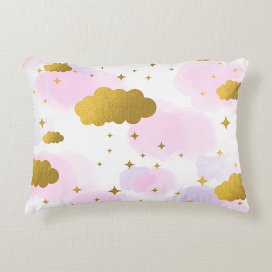 Roze Waterverf Clouds Gold Stars Sky Accent Kussen (Voorkant)