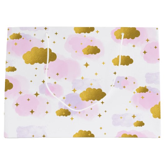 Roze Waterverf Clouds Gold Stars Sky Groot Cadeauzakje (Voorkant)