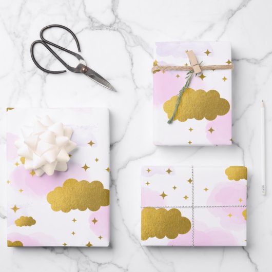 Roze Waterverf Clouds Gold Stars Sky Inpakpapier Vel (Voorkant)