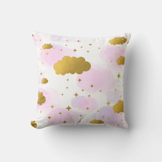 Roze Waterverf Clouds Gold Stars Sky Kussen (Voorkant)