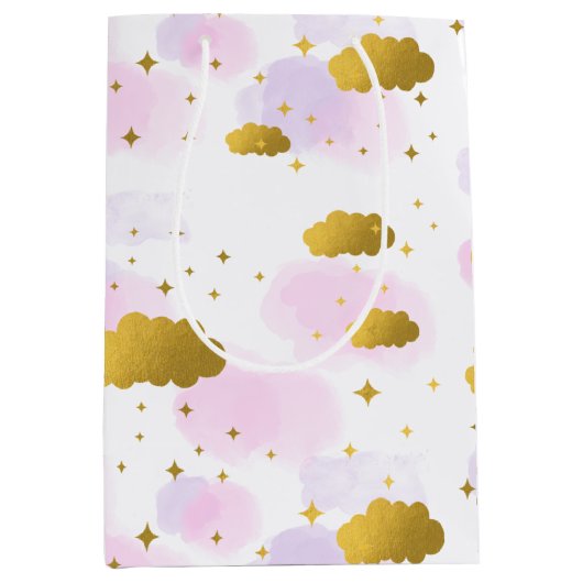 Roze Waterverf Clouds Gold Stars Sky Medium Cadeauzakje (Voorkant)