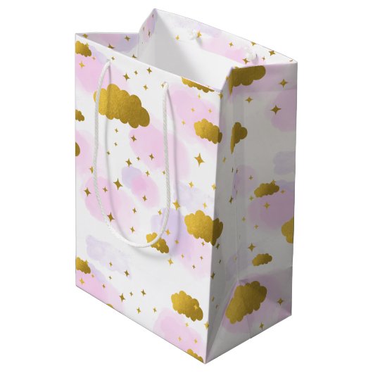 Roze Waterverf Clouds Gold Stars Sky Medium Cadeauzakje (Achterkant Gekanteld)