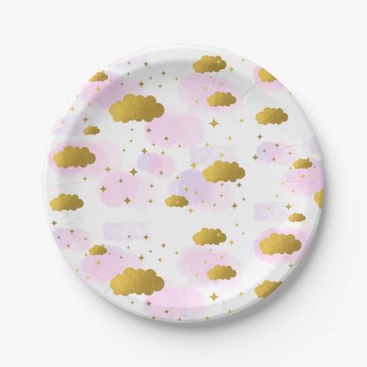 Roze Waterverf Clouds Gold Stars Sky Papieren Bordje (Voorkant)