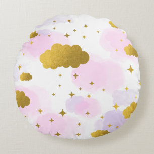 Roze Waterverf Clouds Gold Stars Sky Rond Kussen