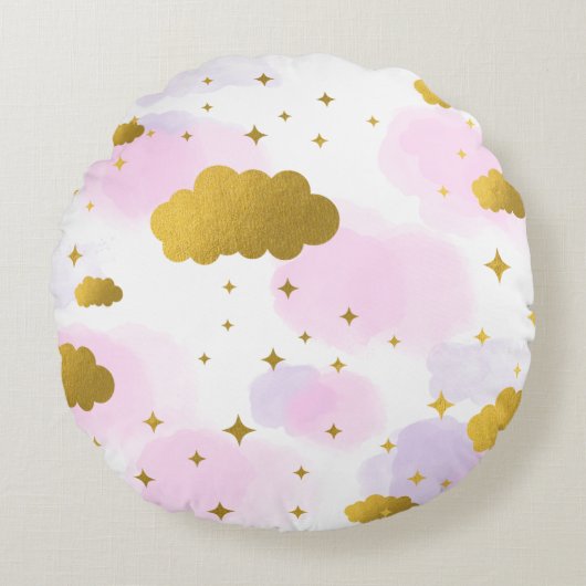 Roze Waterverf Clouds Gold Stars Sky Rond Kussen (Voorkant)