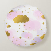 Roze Waterverf Clouds Gold Stars Sky Rond Kussen (Achterkant)