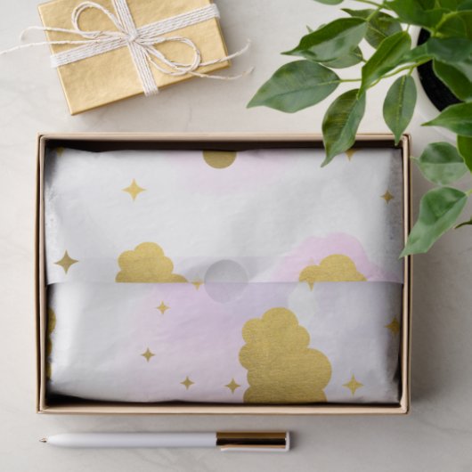 Roze Waterverf Clouds Gold Stars Sky Tissuepapier (Geschenk)