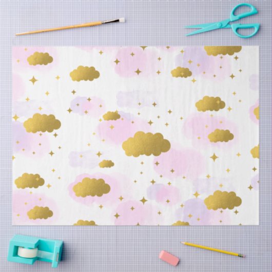 Roze Waterverf Clouds Gold Stars Sky Tissuepapier (Craft)
