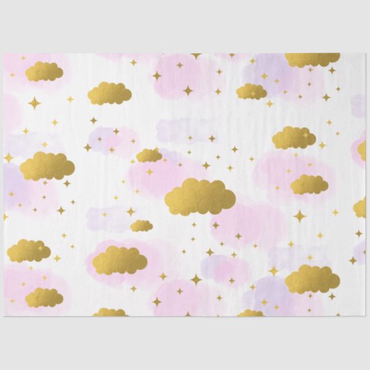 Roze Waterverf Clouds Gold Stars Sky Tissuepapier (Voorkant)
