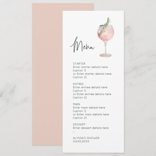 Roze Waterverf Cocktail Wedding Menu Kaart (Voorkant / Achterkant)