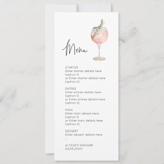 Roze Waterverf Cocktail Wedding Menu Kaart (Voorkant)
